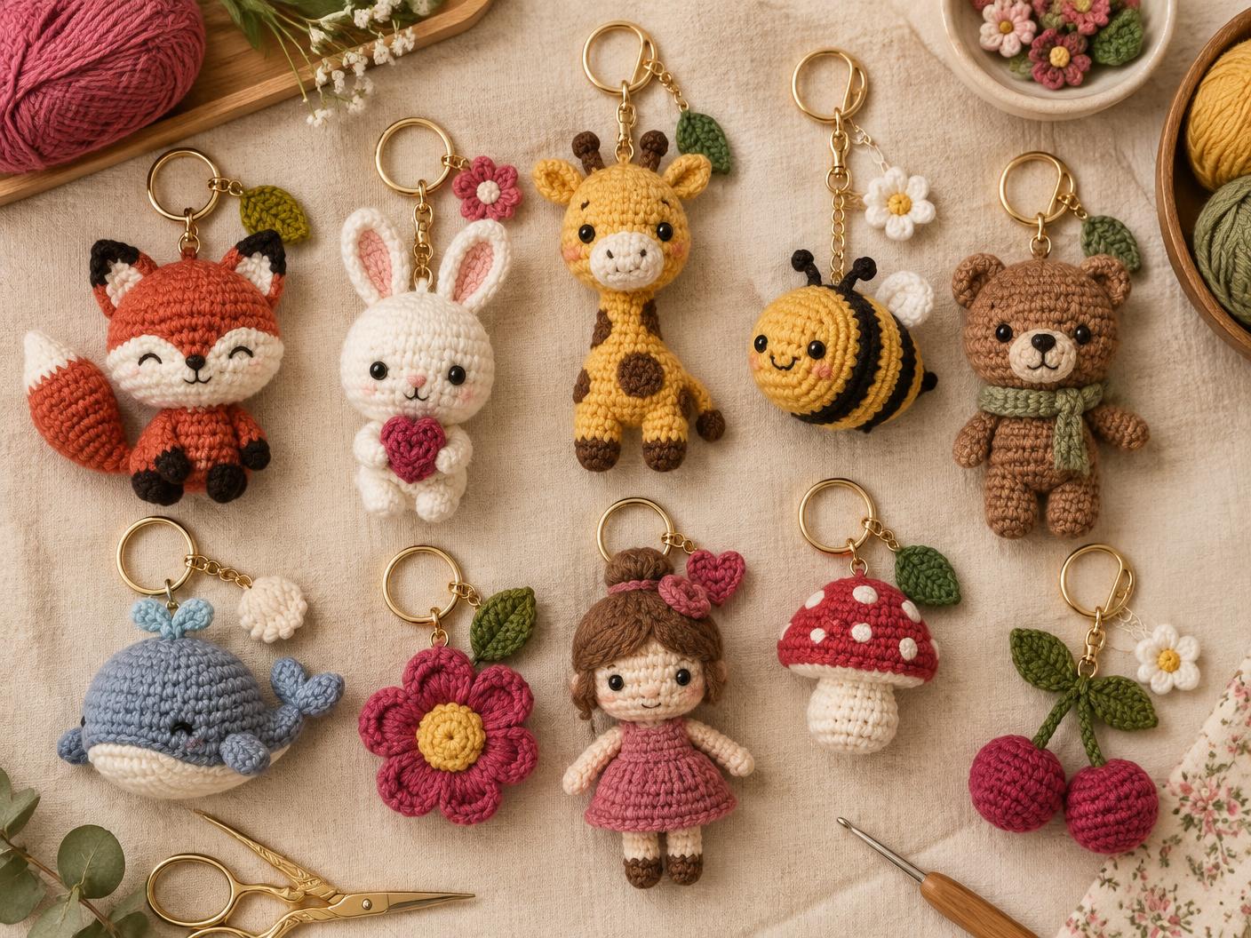 Variedade de chaveiros amigurumi feitos em crochê